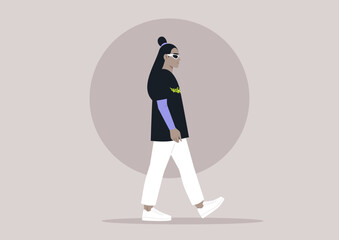 A young stylish character wearing fancy retro futuristic eye shades and a t-shirt with death metal logo