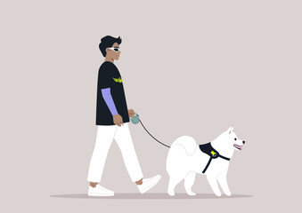 A young stylish character walking with their cute samoyed dog