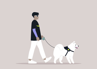 A young stylish character walking with their cute samoyed dog