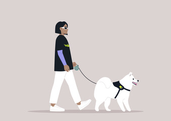 A young stylish character walking with their cute samoyed dog
