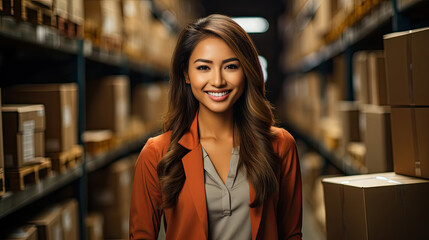 portrait of smart Asian female engineer inspector hand hold paper chart inventory checking smile confident