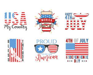 4th of July typography 6 designs set with quotes and elements - hot dog, flags. US Independence Day cliparts. Fourth of July calligraphy, lettering compositions. emblems for t-shirt