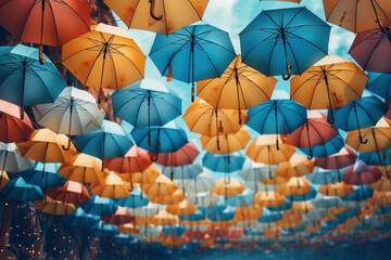 Obraz premium 空一面のカラフルな雨傘-日本の梅雨6月イメージ