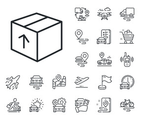 Logistics shipping sign. Plane, supply chain and place location outline icons. Delivery box line icon. Parcels tracking symbol. Package line sign. Taxi transport, rent a bike icon. Travel map. Vector