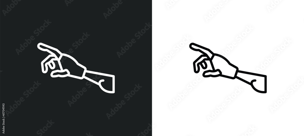 Poster robot arm line icon in white and black colors. robot arm flat vector icon from robot arm collection 