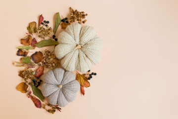 Autumn leaves and knit handmade pumpkin