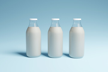 Glass bottles of fresh cow milk with white caps on pink blue background. Illustration of the concept of nutrient of dairy products and heathy eating