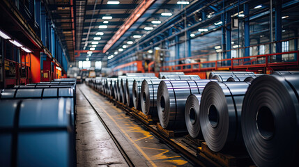 Rolls of galvanized steel sheet inside the factory or warehouse - obrazy, fototapety, plakaty