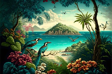 Obraz na płótnie Canvas a paradise tropical island in the distance with birds and flowers in the jungle 