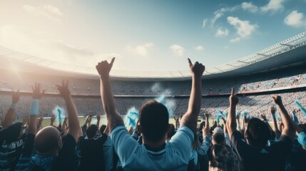 football Fans showhands celebration on big stadium during football game with blue sky, AI generative