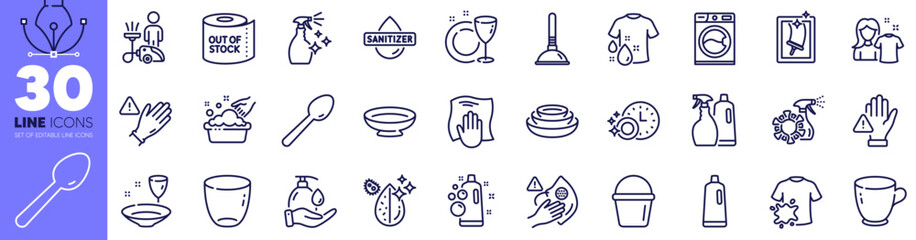 Clean bubbles, Hand sanitizer and Shampoo and spray line icons pack. Wash t-shirt, Coronavirus spray, Clean shirt web icon. Cleaning, Dishes, Toilet paper pictogram. Dirty mask. Vector