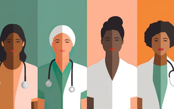 Illustrated flat portrait of four smiling doctors of different nationalities. AI, Generative AI