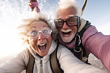 Selfie skydiving tandem of an elderly couple Generative AI