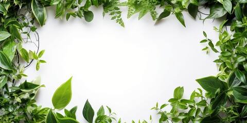 Fototapeta na wymiar Copy space frame surrounded by green climbing plants on white background , concept of Nature's embrace, created with Generative AI technology