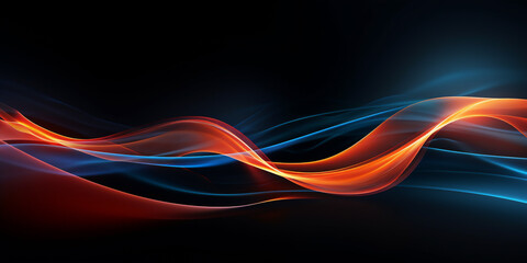 Abstract background with blue and orange wavy lines on dark backdrop. Motion banner technology style. By Generative AI.