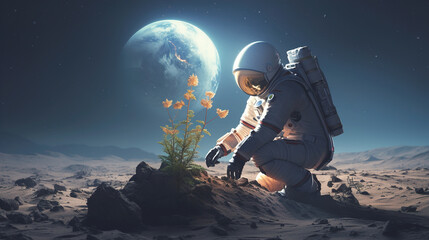 Fototapeta na wymiar Astronaut planting a tree on planet mars. AI generation