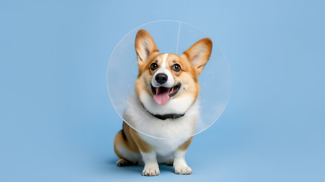Corgi dog wearing a cone after surgery, Treatment
  on blue background. AI generation