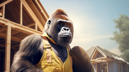 Gorilla in the form of a builder. AI generation