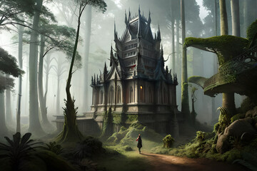 Ancient Ta Promh temple in the jungle, Cambodia. Digital painting. Artistic concept painting of an ancient temple, background illustration. High quality photo. AI generated image