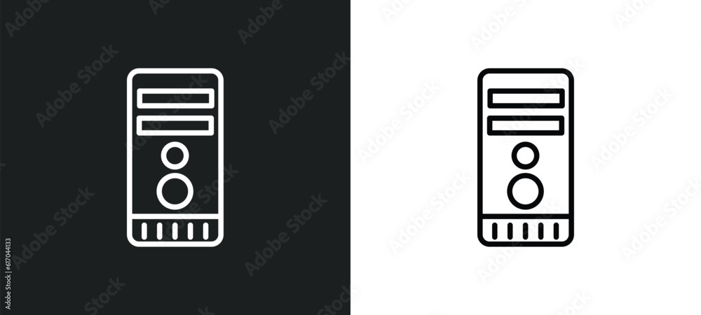 Poster computer tower line icon in white and black colors. computer tower flat vector icon from computer to