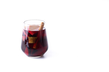 Autumn sangria with pear and apple isolated on white background. Copy space