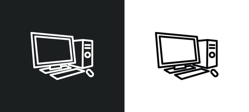 desktop computer line icon in white and black colors. desktop computer flat vector icon from desktop computer collection for web, mobile apps and ui.
