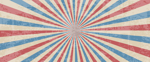 USA flag vintage grunge shabby retro horizontal poster background with star diverging beams. Vector illustration © MarhaRyta