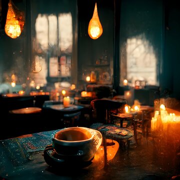 lovely antique coffeehouse no people small tables dim light books and CATS candles desserts and coffee on the tables octane render 