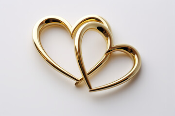 Gold heart shaped rings attached to each other on white background