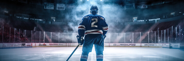 Eishockey Spieler auf der Eisfläche in einem Stadion, Hintergrund Banner, Generative AI