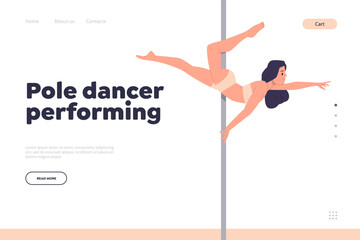 Pole dancer performance concept for landing page with beautiful woman character exercising on pylon