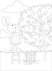 Coloring book with a bunny in a dress that harvests lemons