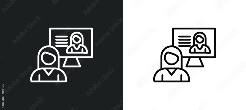 Poster interactive course line icon in white and black colors. interactive course flat vector icon from int