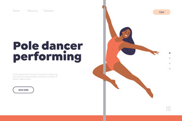Pole dancer performing on pylon landing page design template for sport fitness studio services