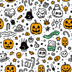 Halloween doodle seamless pattern on white background. Generative ai