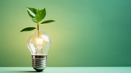 Clean Energy Illustration with Glowing Light Bulb and Green Plant on a Clean Green Background.