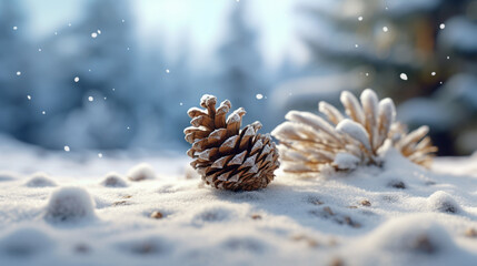 pine cones on snow HD 8K wallpaper Stock Photographic Image
