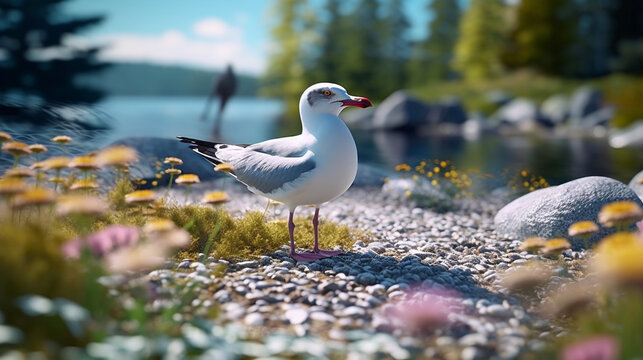 seagull on the grass HD 8K wallpaper Stock Photographic Image