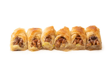 Delicious sweet baklava with walnuts isolated on white background.