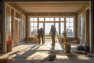 workers installing doors and windows  in a new house ai generated art - obrazy, fototapety, plakaty