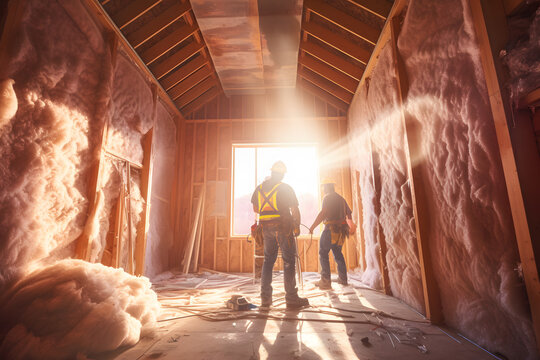 A Construction Crew Installing Insulation In The Walls Of A Residential Property Ai Generated Art