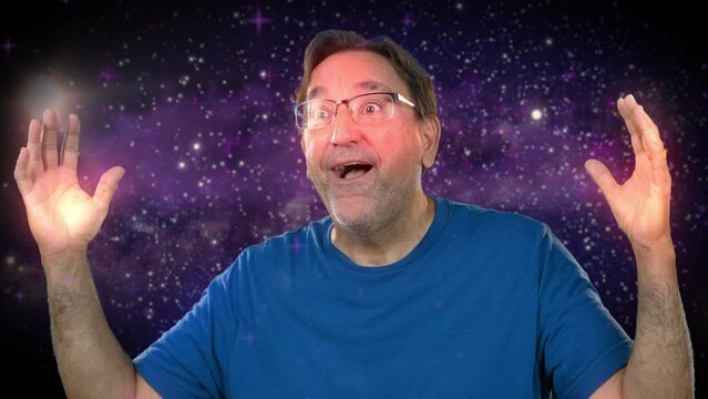 A man gives the mind blown meme gesture. Space background.  	