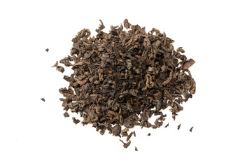 Dried tea leaves isolated on a white background.