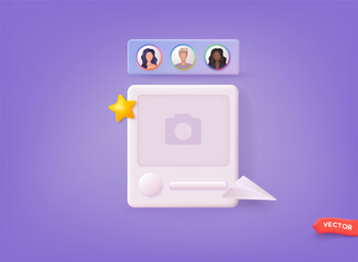 Social media online platform concept, online social communication on applications, Photo frame icon with avatars. 3D Web Vector Illustrations.