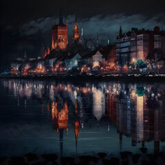 Szczecin by night seen from the river-side  - obrazy, fototapety, plakaty