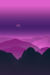 the landscape with violet mountains and purple sunset sky