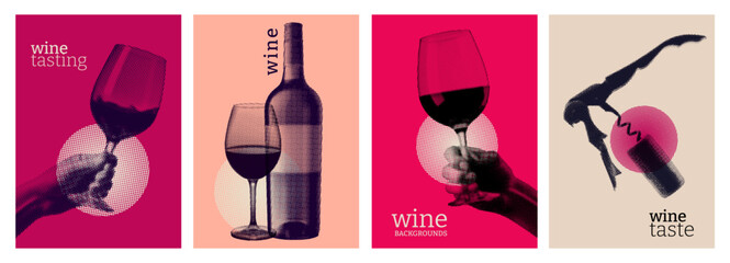 retro halftone style illustration for wine designs - 617048588