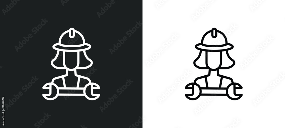 Poster mechanic working line icon in white and black colors. mechanic working flat vector icon from mechani