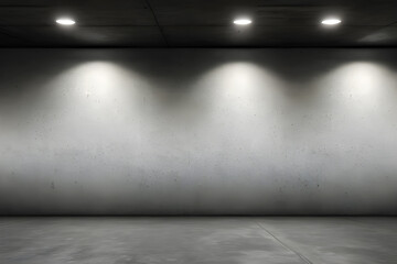 Empty concrete room with spotlights on the wall.