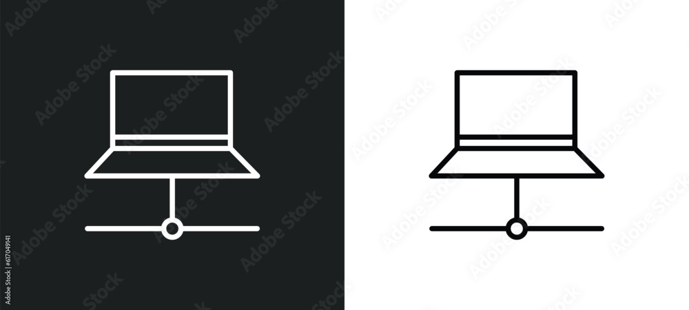 Poster laptop computer screen line icon in white and black colors. laptop computer screen flat vector icon 